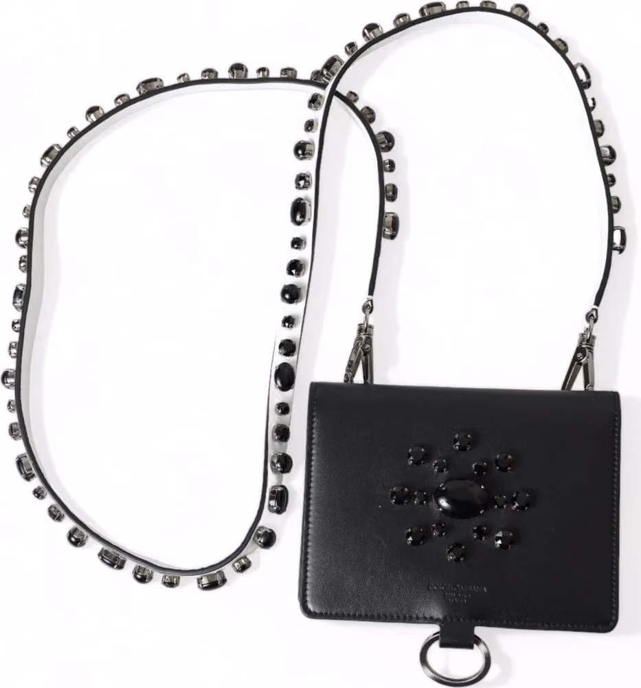 Dolce & Gabbana Black Leather Crystal Embellished Card Holder Wallet
