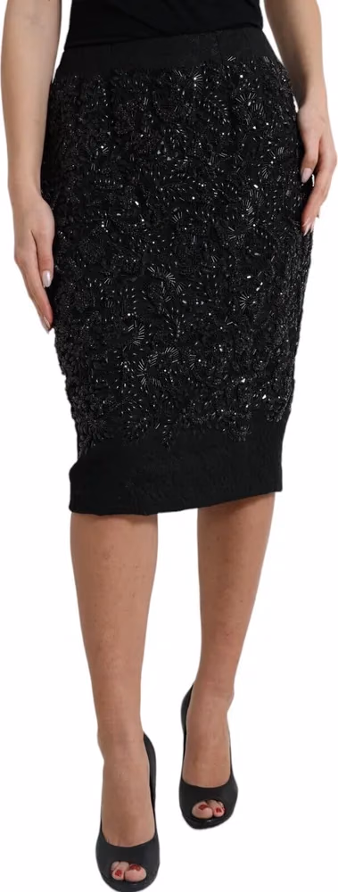 Dolce & Gabbana Black Crystal Handmade Knee Pencil Skirt