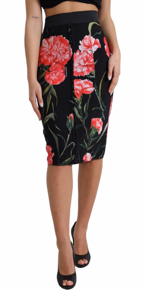 Dolce & Gabbana Black Carnation Pencil Cut Knee Length Skirt