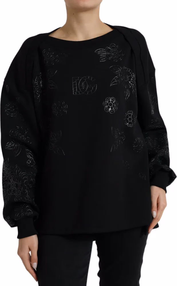 Dolce & Gabbana Black Pullover Floral Logo Applique Sweater