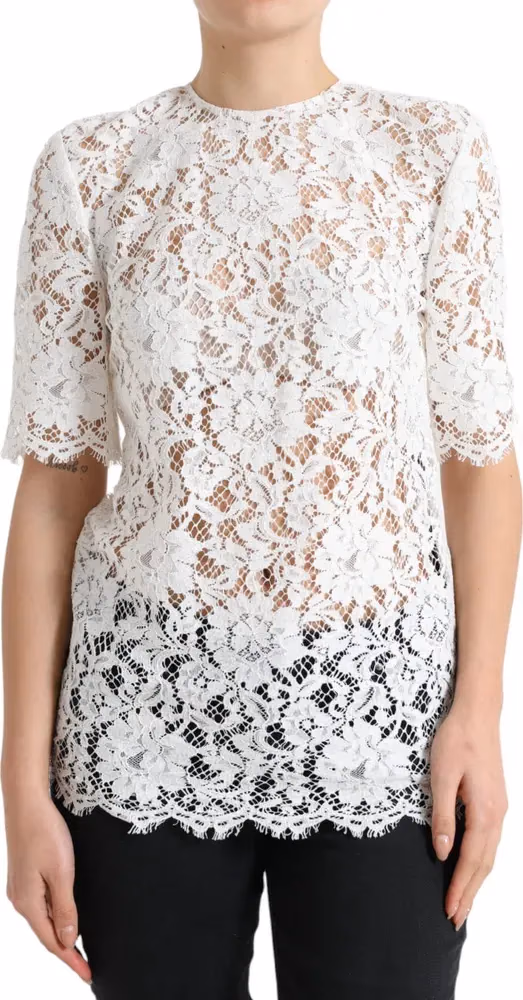 Dolce & Gabbana White Floral Lace Cotton Round Neck Blouse Top