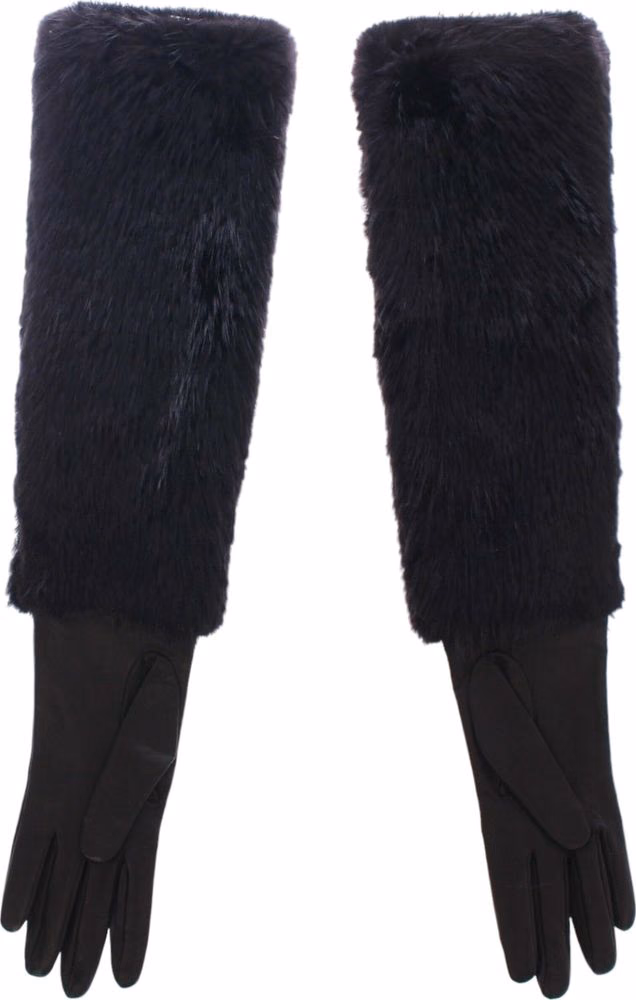 Dolce & Gabbana Black Beaver Fur Lambskin Leather Elbow Gloves