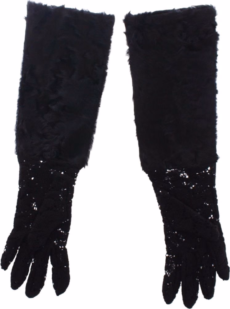 Dolce & Gabbana Black Lace Wool Lambskin Fur Elbow Gloves