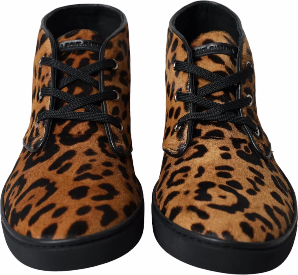 Dolce & Gabbana Brown Leopard Pony Hair Leather Sneakers Shoes