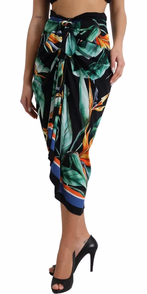 Dolce & Gabbana Black Strelitzia High Waist Wrap Midi Skirt