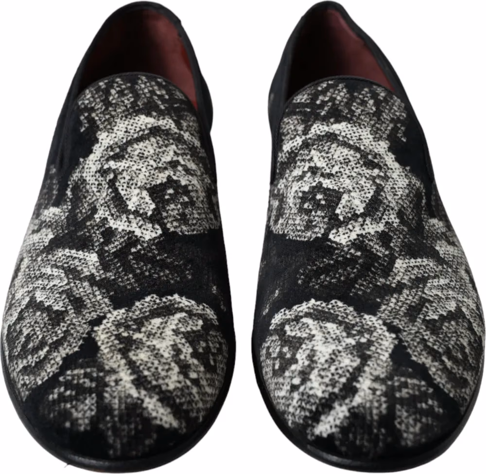 Dolce & Gabbana Black Floral Slippers Men Loafers Dress Shoes