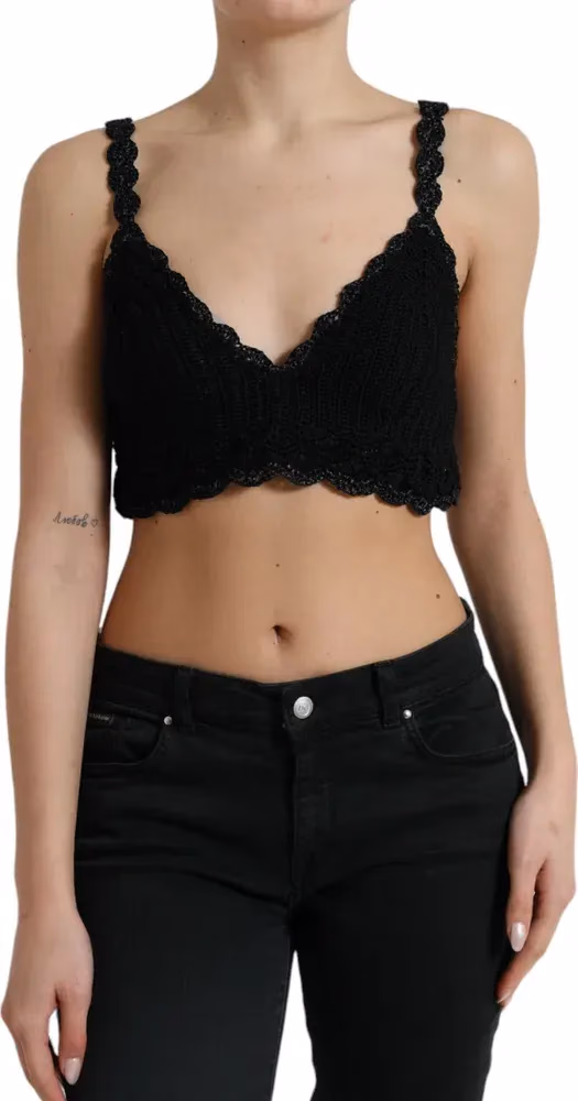 Dolce & Gabbana Black Cotton Bustier Cropped Crochet Tank Top