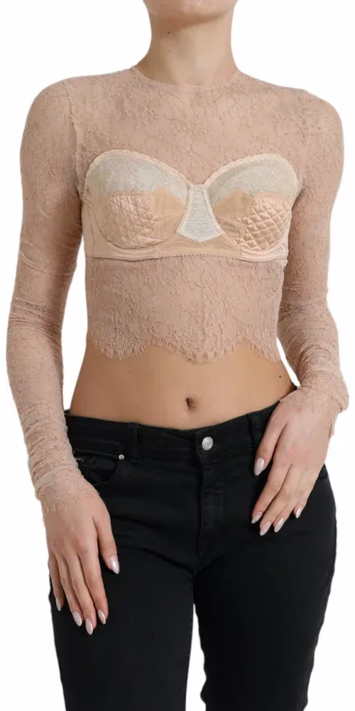 Dolce & Gabbana Beige Nylon Floral Lace Bustier Cropped Top