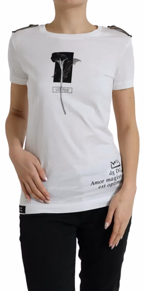 Dolce & Gabbana White Black Roses Crewneck Cotton T-shirt