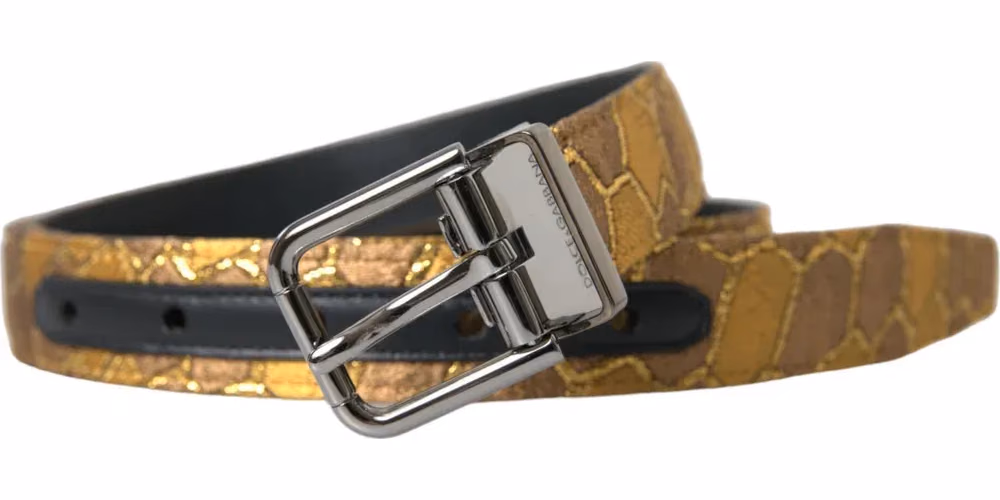 Dolce & Gabbana Gold Leather Jacquard Silver Metal Buckle Belt