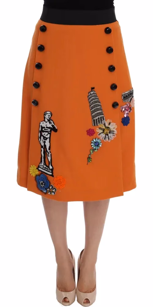 Dolce & Gabbana Orange Wool Crystal Sequin Appliques Skirt