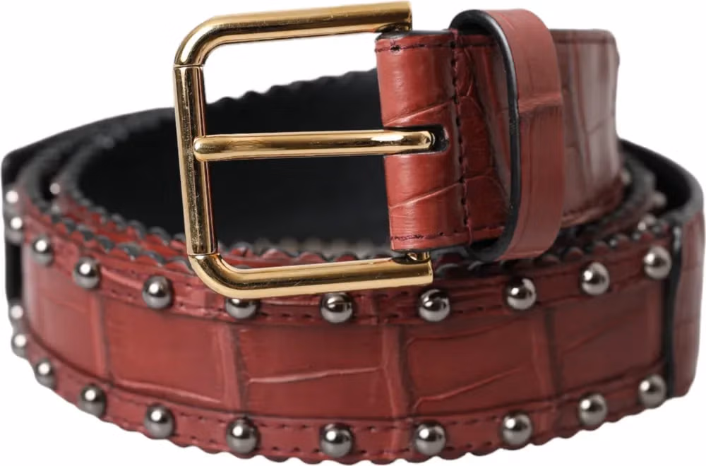 Dolce & Gabbana Brown Alligator Leather Studded Metal Buckle Belt