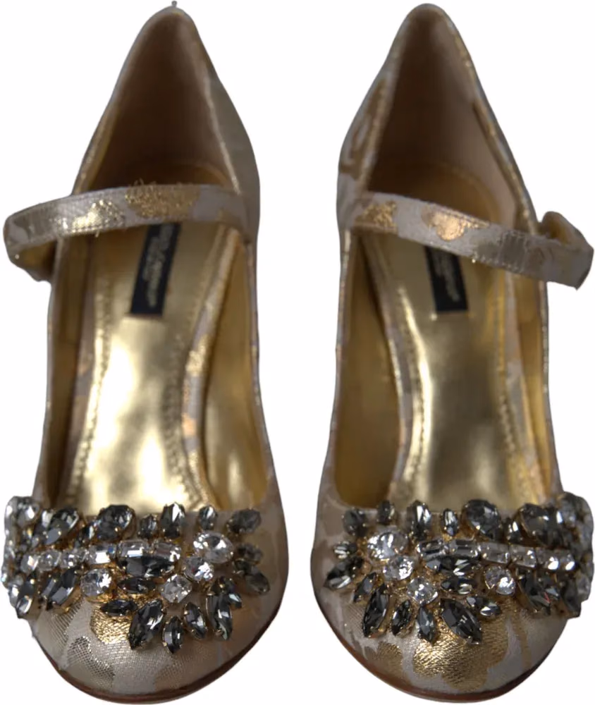 Dolce & Gabbana Gold Jacquard Crystal Mary Janes Pumps Shoes