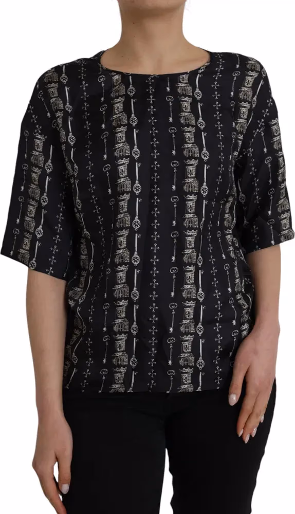 Dolce & Gabbana Black Key Castle Print Silk Blouse T-shirt