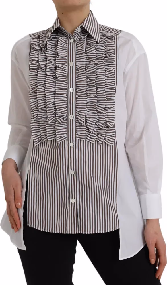 Dolce & Gabbana White Stripes Cotton Long Sleeves Ruffle Collar Top