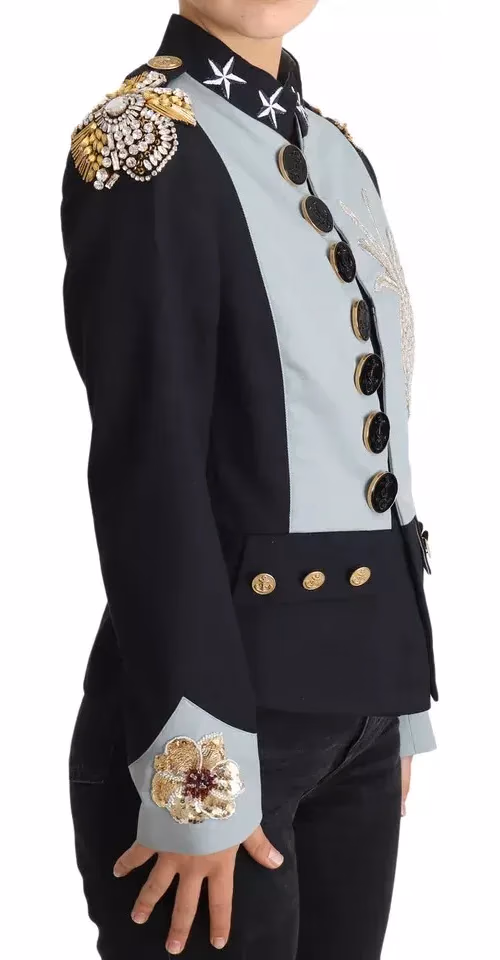 Dolce & Gabbana Blue Button Crystal Embellished Cotton Jacket