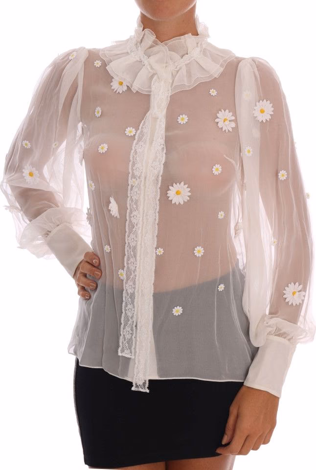 Dolce & Gabbana White Daisy Applique Silk Shirt