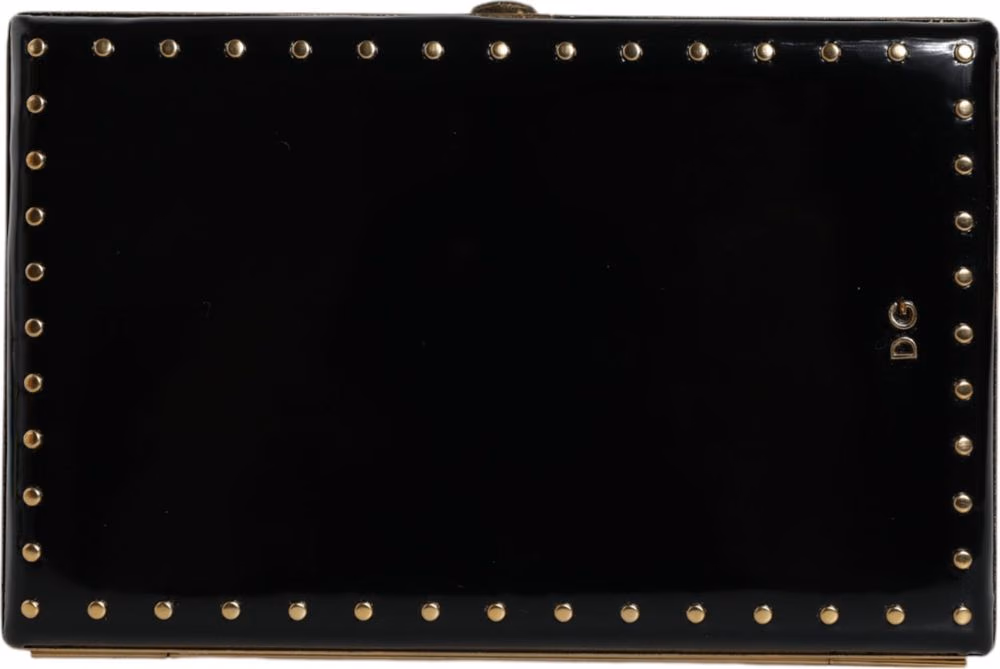 Dolce & Gabbana Black Leather Studs Gold Frame Clutch Evening Purse Bag