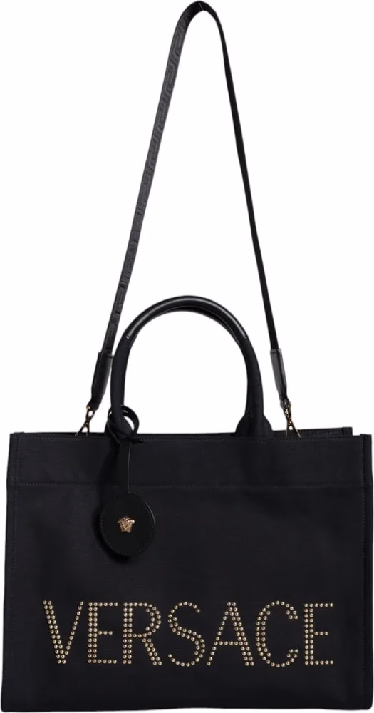 Versace Black Top Handle Canvas Leather Logo Crossbody Tote Bag