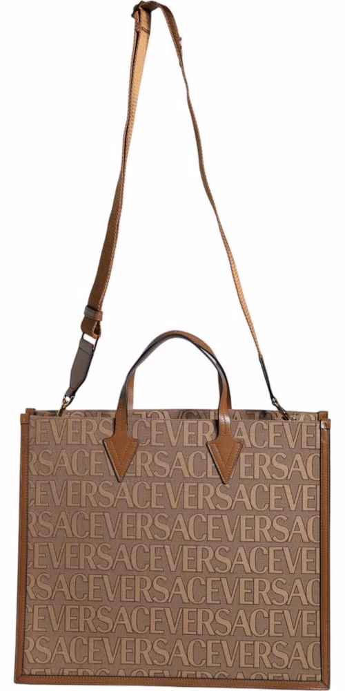 Versace Brown Top Handle Jacquard Leather Logo Crossbody Tote Bag