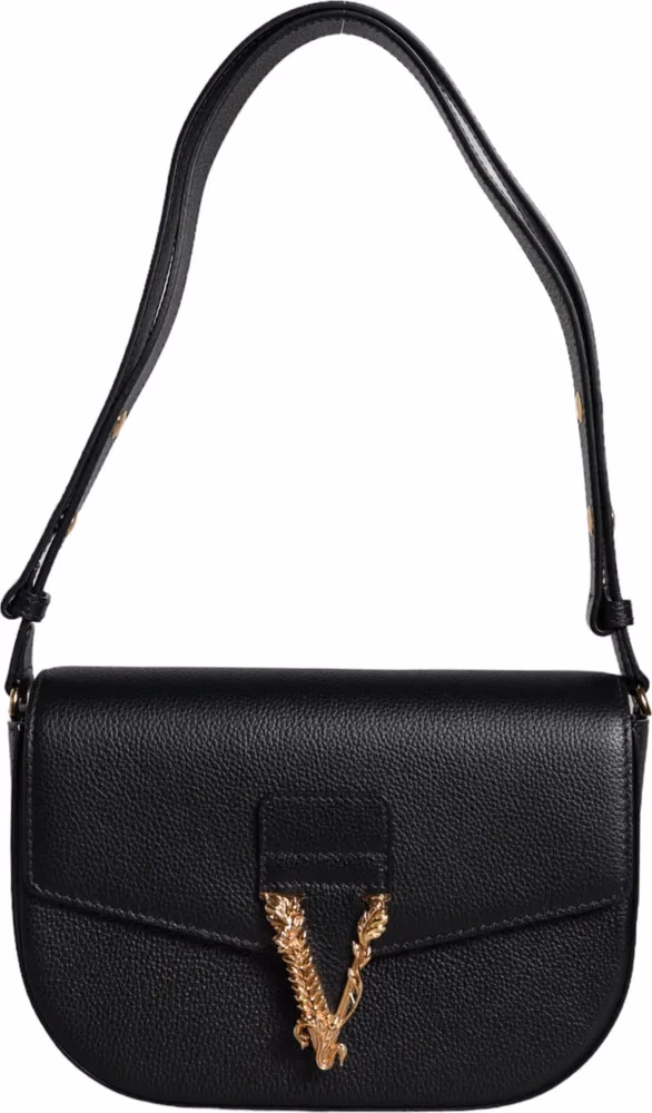 Versace Black Grainy Calf Leather Logo Crossbody Shoulder Bag