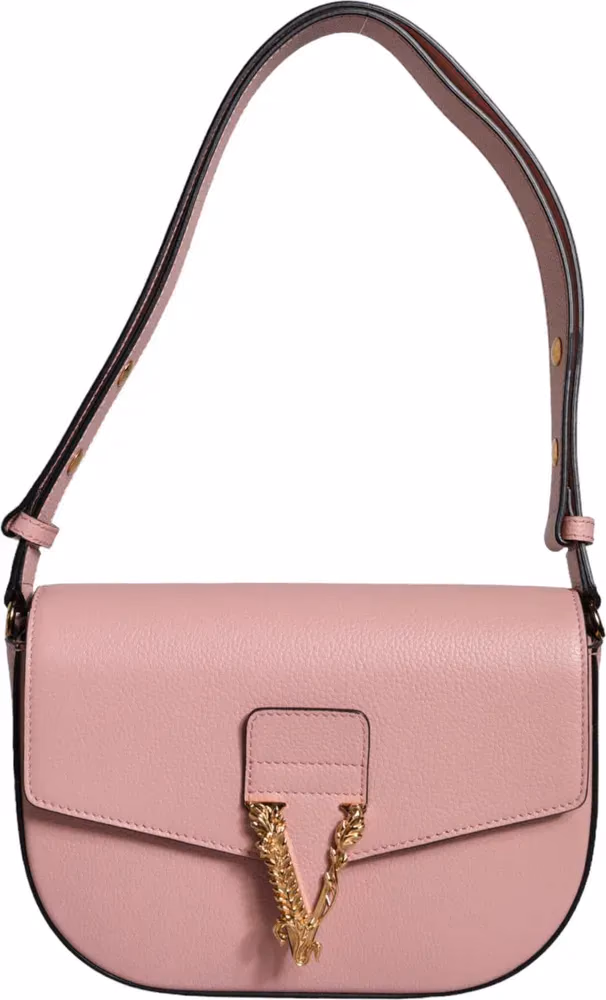 Versace Pink Grainy Calf Leather Logo Crossbody Shoulder Bag