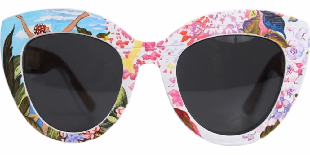 Dolce & Gabbana Multicolor Wood Crystal Brass Frame Floral Hand Paint Sunglasses