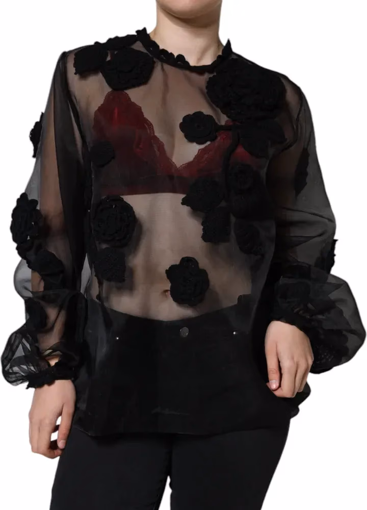 Dolce & Gabbana Black Nylon Mesh Transparent Floral Blouse