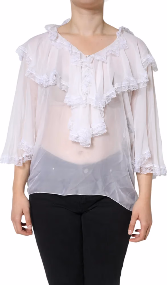 Dolce & Gabbana White Ruffles Lace Long Sleeve Blouse Top