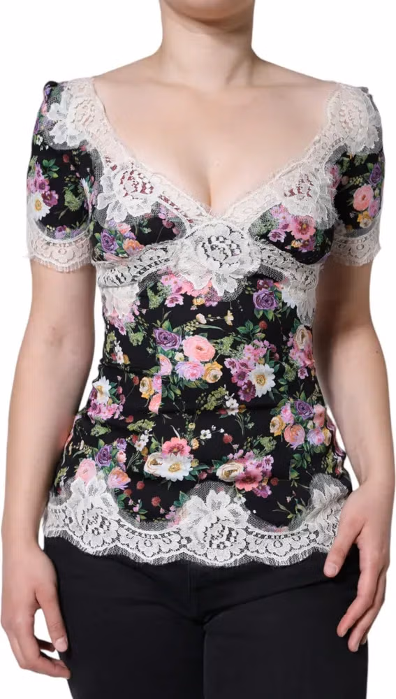 Dolce & Gabbana Black Floral Lace Short Sleeves Blouse Top