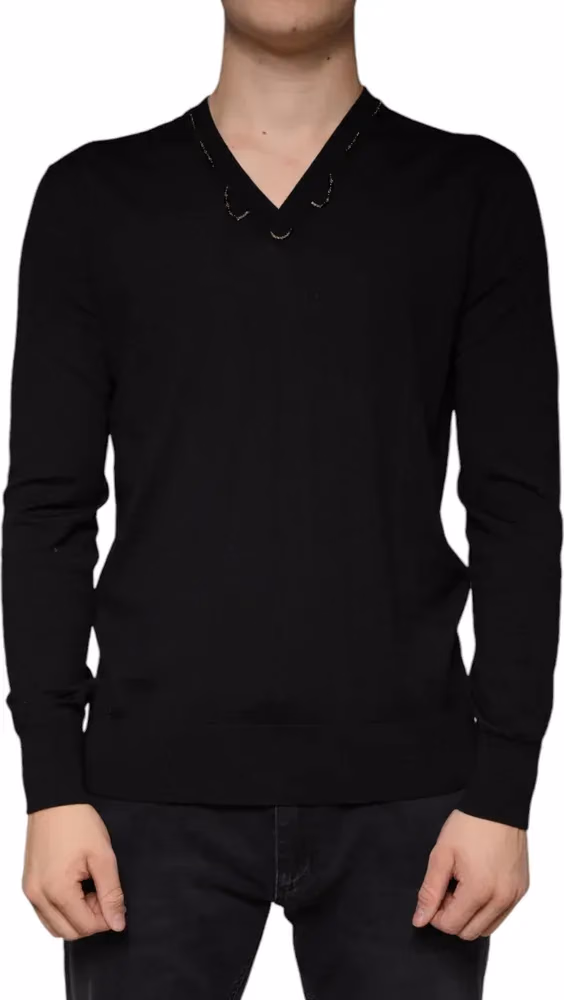 Dolce & Gabbana Black Embellished V-neck Pullover Sweater
