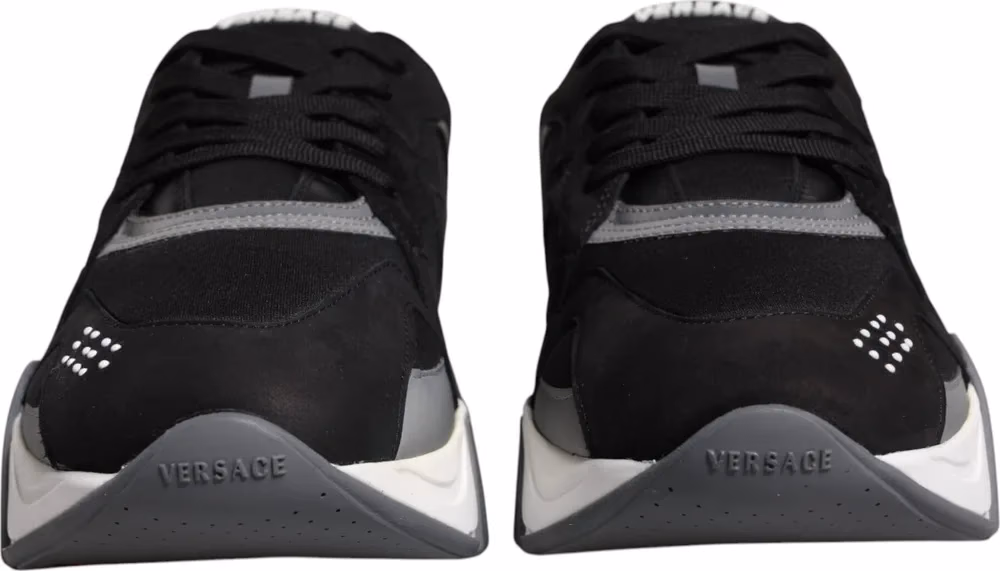 Versace Black Leather Neoprene Chunky Low Top Sneakers Squalo Shoes