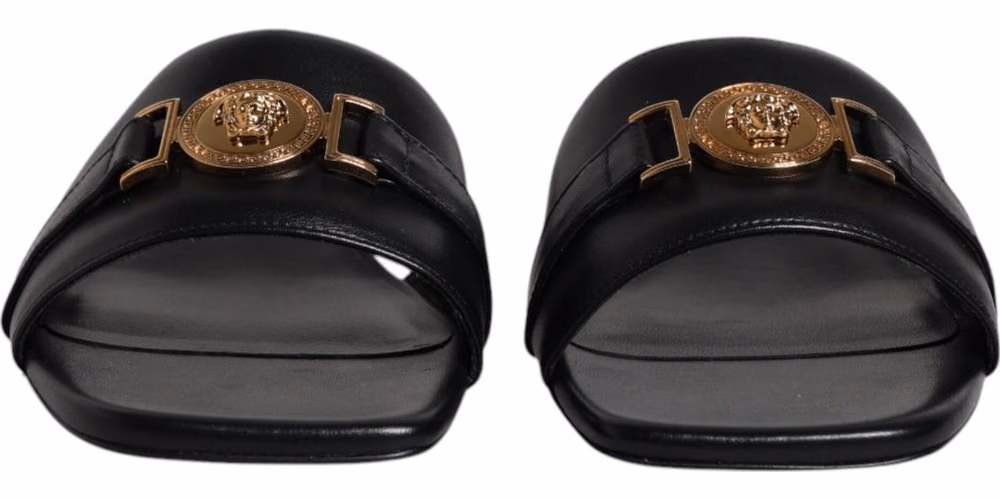 Versace Black Leather Logo Plaque Slip On Slides Flats Shoes