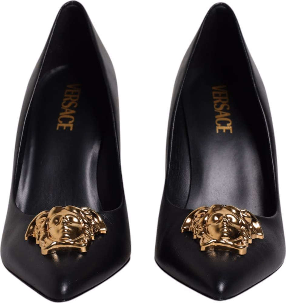 Versace Black Leather Logo Plaque High Heels Pumps Shoes