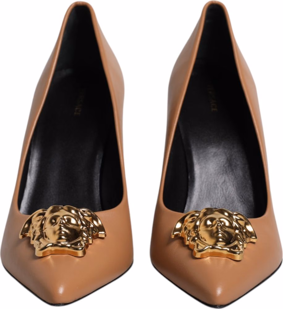 Versace Brown Leather Logo Plaque High Heels Pumps Shoes
