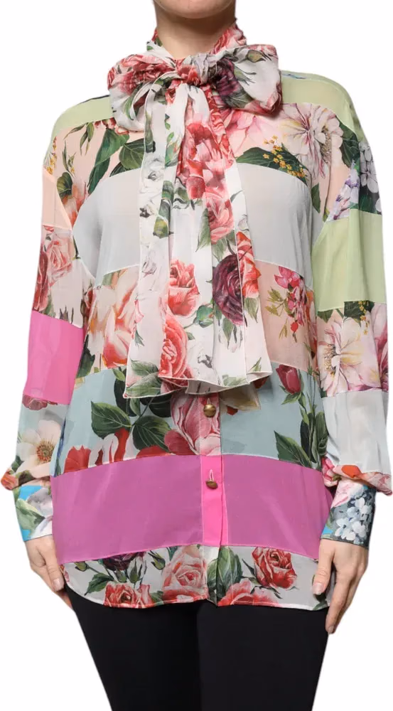 Dolce & Gabbana Multicolor Floral Patchwork Ascot Collar Top