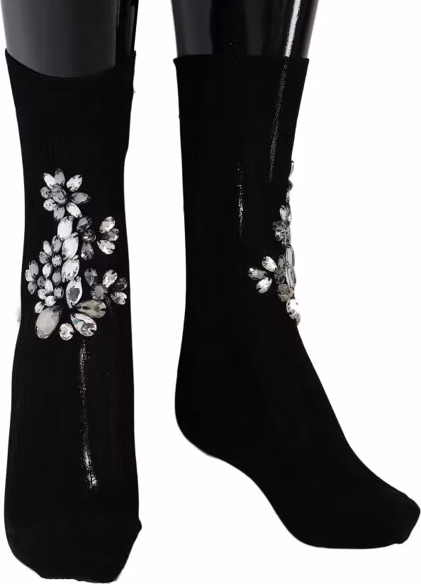 Dolce & Gabbana Black Knitted Floral Clear Crystal Socks