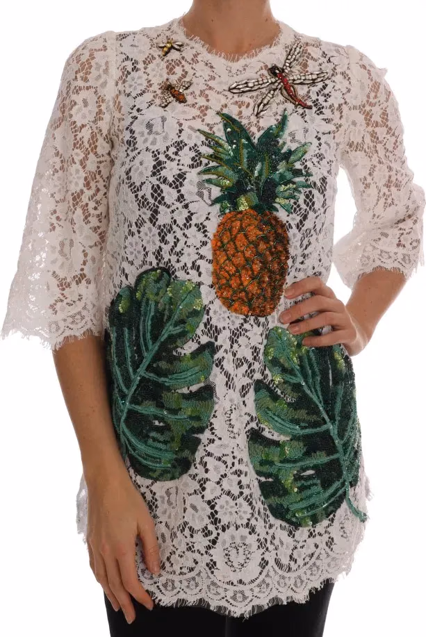 Dolce & Gabbana White Crystal Embellished Lace Blouse