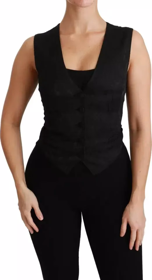 Dolce & Gabbana Black Lace Waistcoat Slim Vest Silk Top