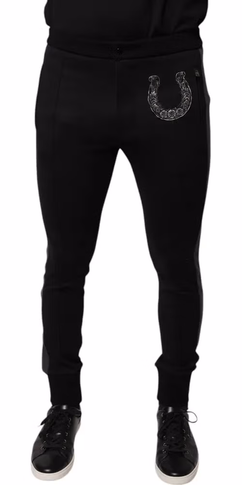 Dolce & Gabbana Black Horseshoe Embellished Wool Slim Fit Pants