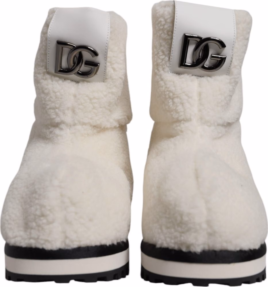 Dolce & Gabbana White Plush Logo Padded Mid Calf Boots Shoes