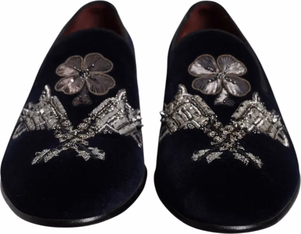 Dolce & Gabbana Black Velvet Floral Gun Loafers Dress Shoes