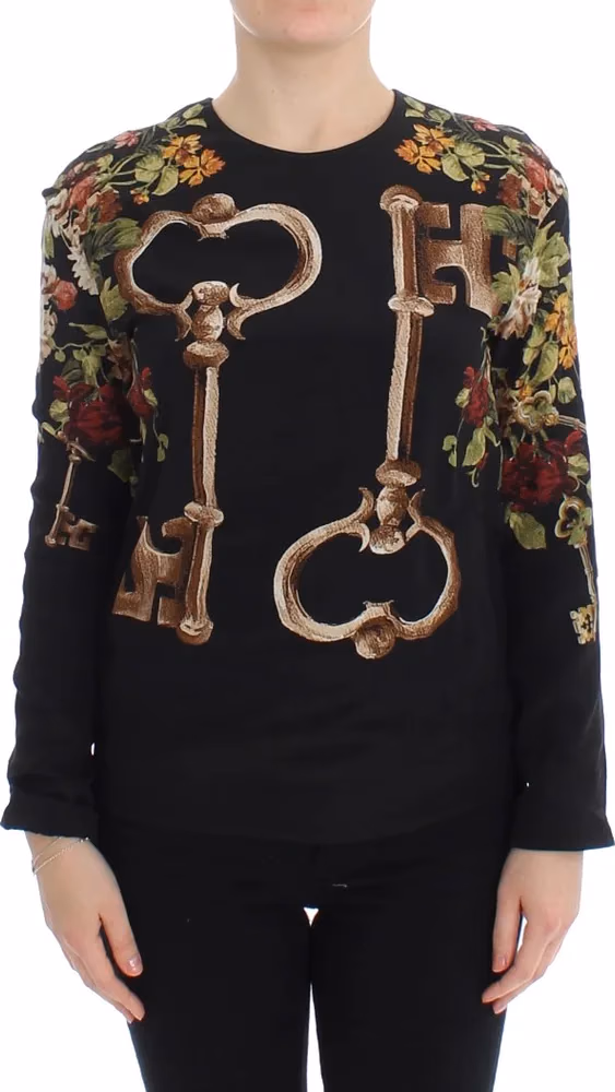Dolce & Gabbana Black Key Floral Print Silk Blouse Top