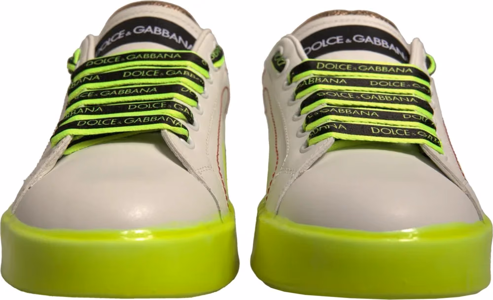 Dolce & Gabbana White Yellow Portofino Leather Sneakers Shoes