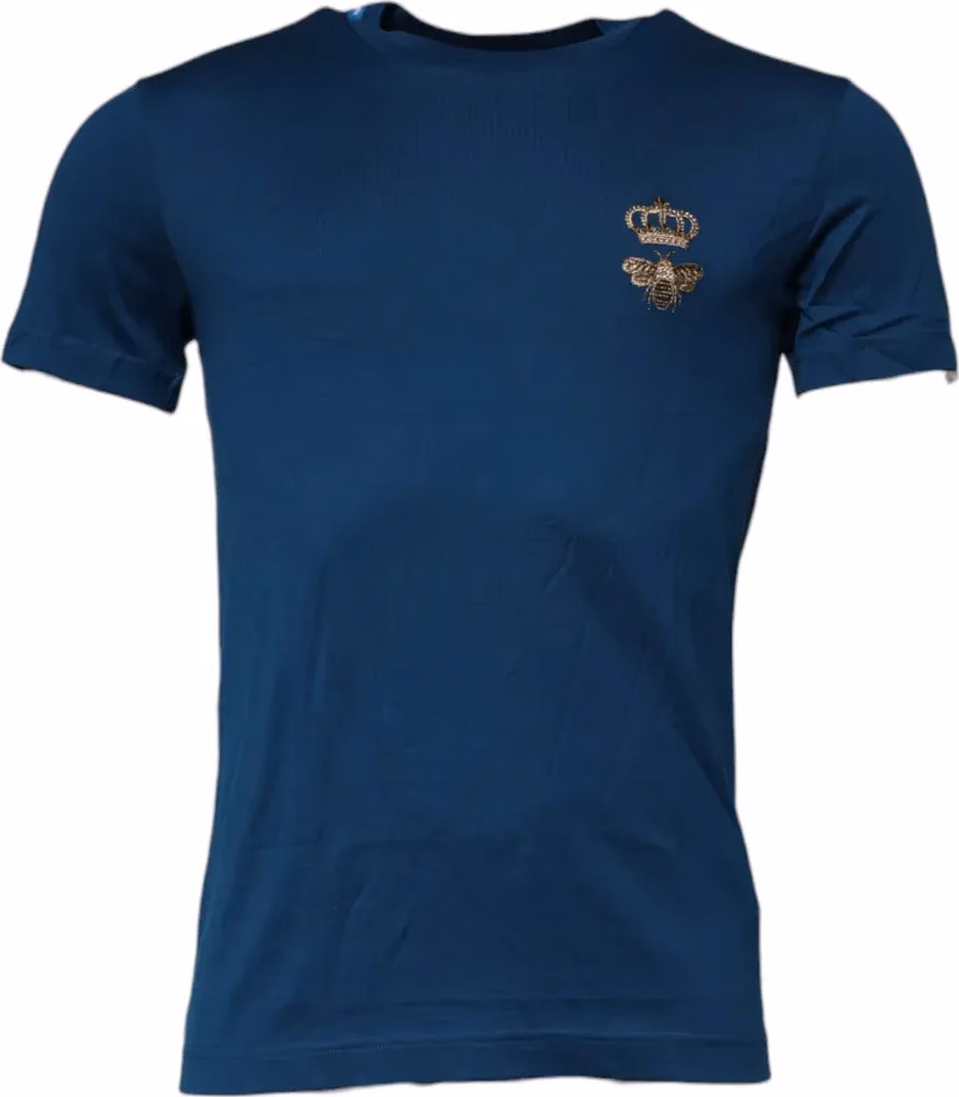 Dolce & Gabbana Blue Crown Bee Cotton Men Crew Neck T-shirt