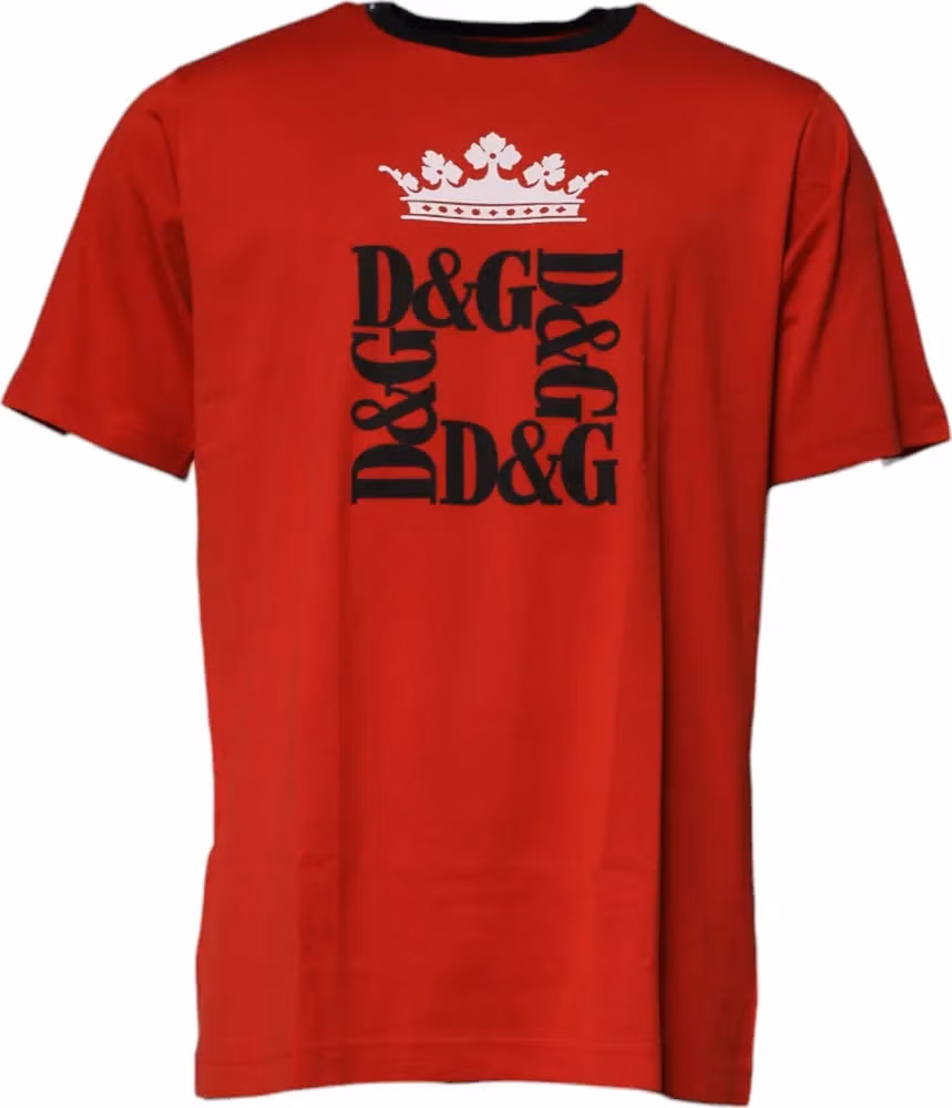 Dolce & Gabbana Red Logo Crown Cotton Crew Neck T-shirt