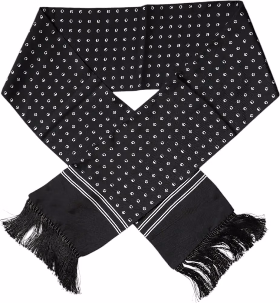 Dolce & Gabbana Black White Polka Dotted Silk Skinny Fringes Scarf