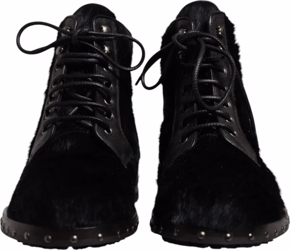 Dolce & Gabbana Black Pony Style Leather Mid Calf Boots Shoes