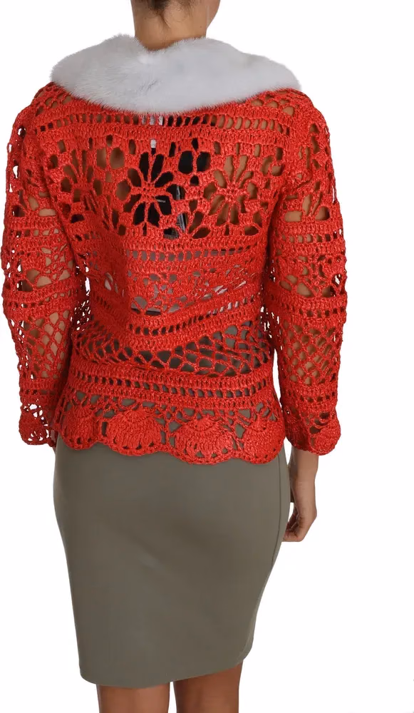 Dolce & Gabbana Red Cardigan Crochet Knit Raffia Sweater