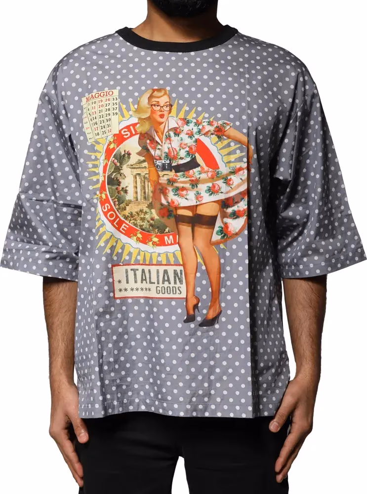 Dolce & Gabbana Gray Polka Dot Pin-Up Print Crew Neck T-shirt